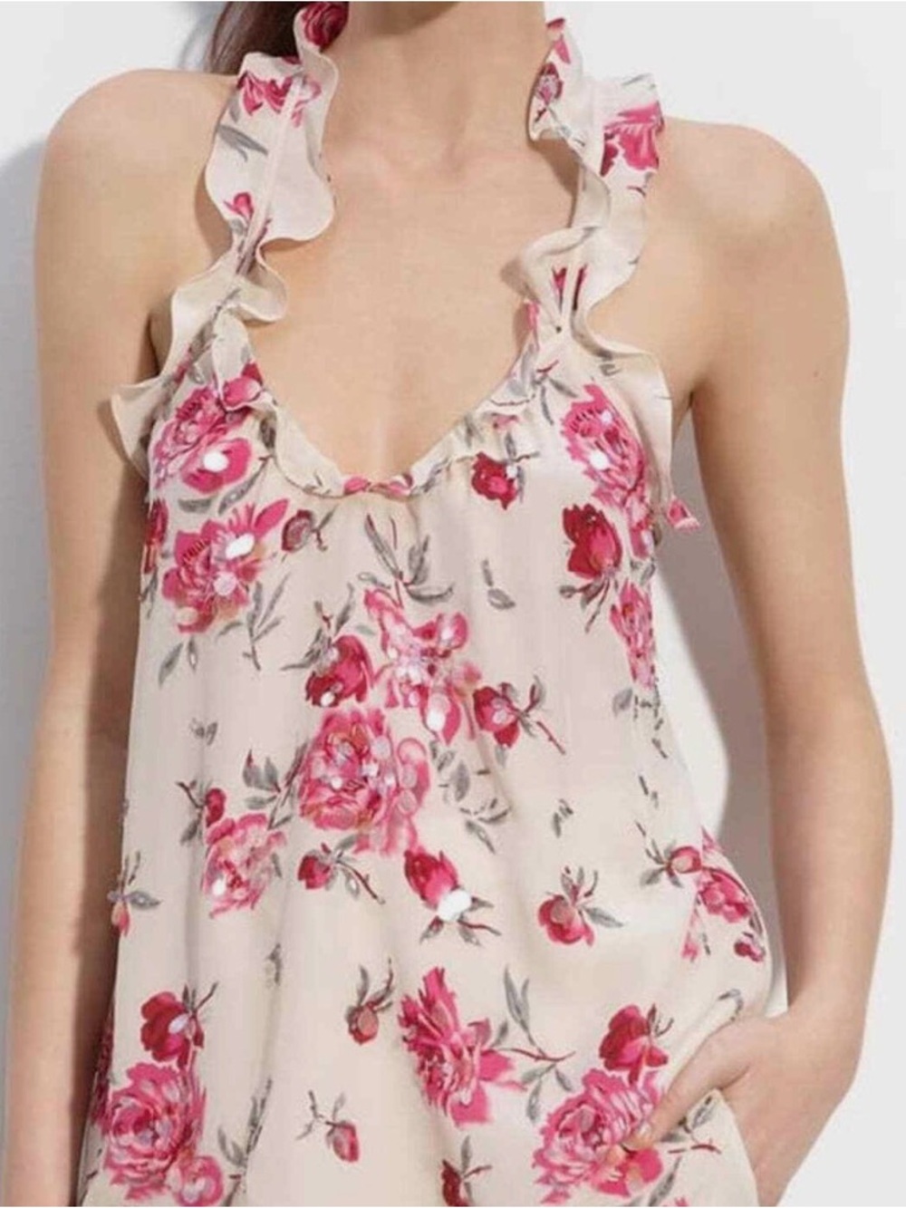 Rebecca Taylor Pink & Cream Floral Ruffle Halter Top